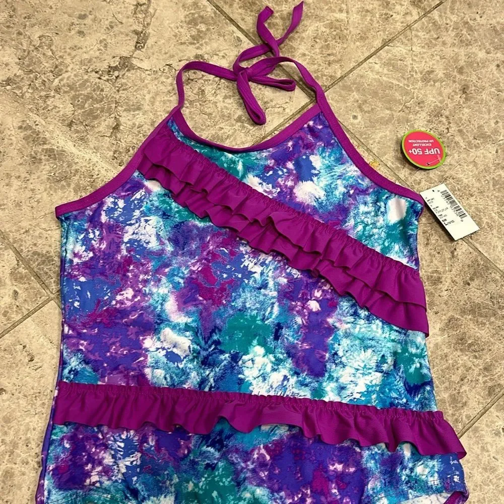 The Children’s Place Purple Ruffle Tie Dye One Piece Halter Swimsuit NEW Large